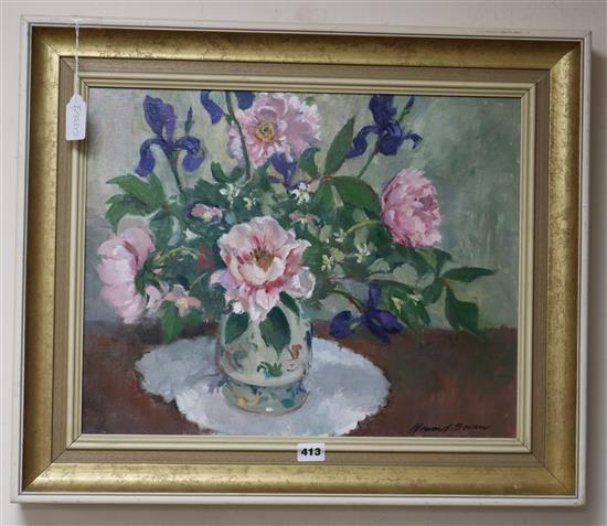 Howard Bowen, oil on canvas, Still life of peonies and irises in a vase, signed, 40 x 50cm